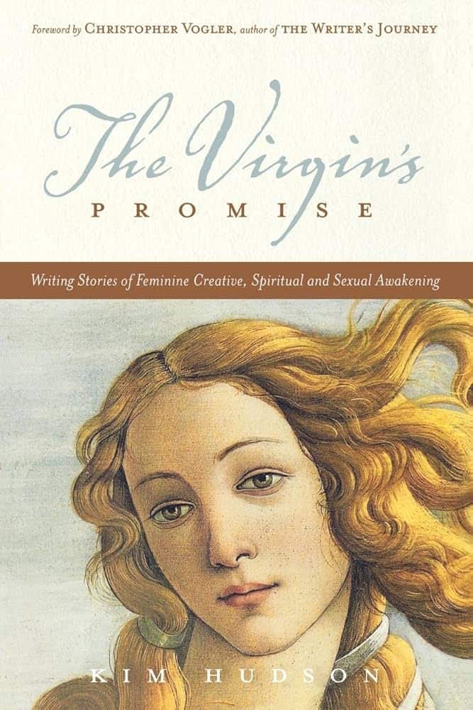 Cover of "The Virgin's Promise" by Kim Hudson, featuring a classic art depiction of a person with flowing hair, under a sky background.