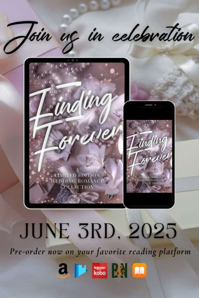 "Finding Forever" book promotion features elegant gift boxes, flowers, and tablets displaying the cover. Release date: June 3rd, 2025. Available on multiple platforms.