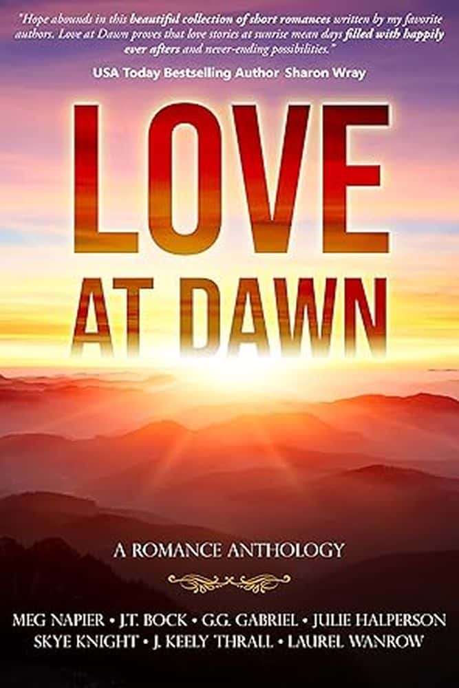 A book titled "Love at Dawn" lies on pink fabric beside a tulip, promoting "7 Great Reads | 1 Great Cause" with a link for more information.